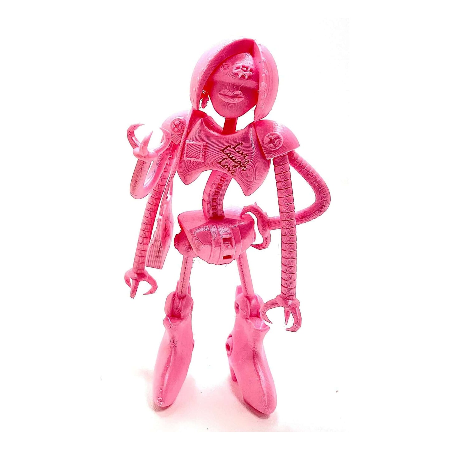 Pink Karen T-1000 robot with 4 arms, live laugh love tattoos, unleashes demanding micromanager chaos on enemies.