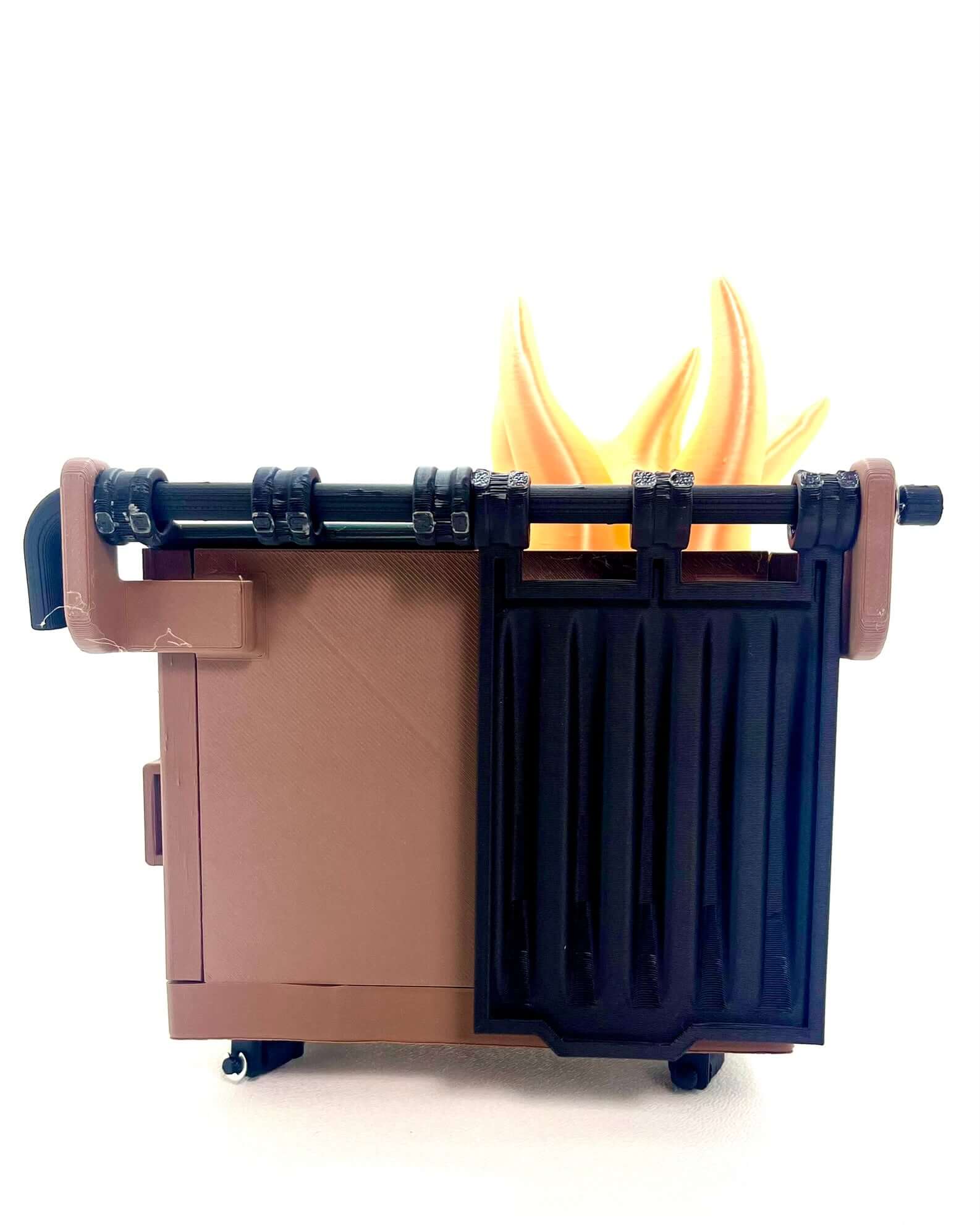 Zeb3D Dumpster Fire interactive toy figurine with flames, perfect for office decor or as a gag gift art kit.