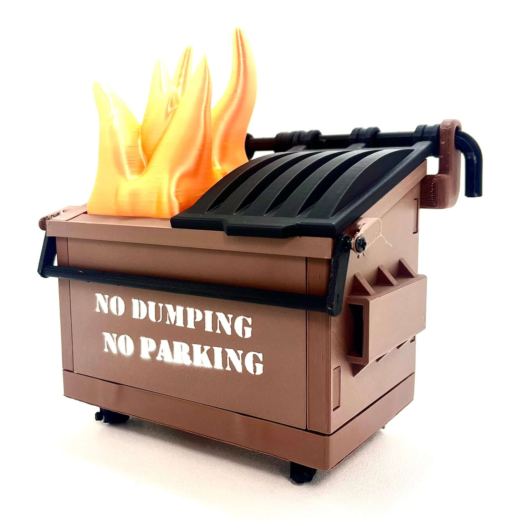 Realistic Zeb3D Dumpster Fire toy figurine with flames, perfect for office decor or as a gag gift and interactive craft kit.