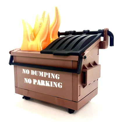 Realistic Zeb3D Dumpster Fire toy figurine with flames, perfect for office decor or as a gag gift and interactive craft kit.