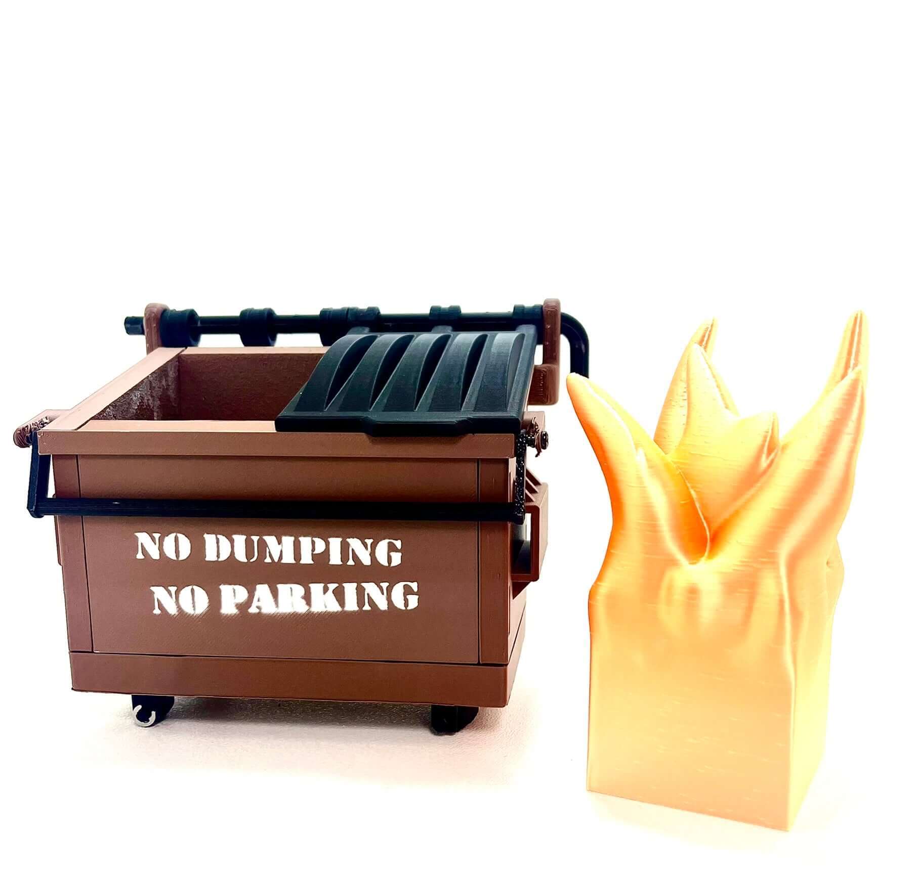 Zeb3D Dumpster Fire craft kit with mini dumpster and realistic flame figurine, perfect office decor, gag gift, and stress-relief toy.