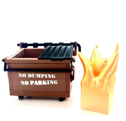 Zeb3D Dumpster Fire craft kit with mini dumpster and realistic flame figurine, perfect office decor, gag gift, and stress-relief toy.