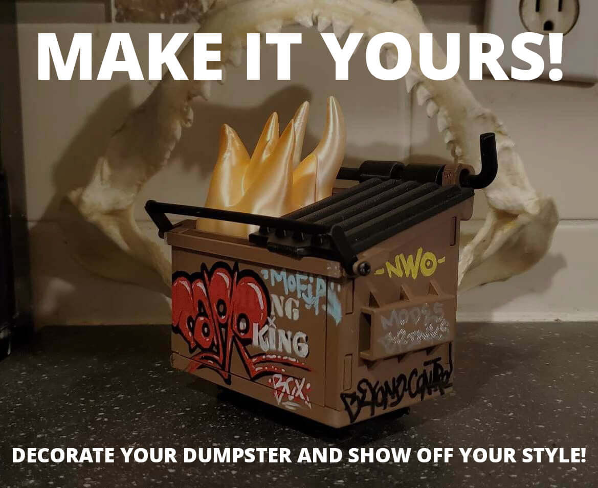 Realistic Zeb3D Dumpster Fire figurine with graffiti decoration and flames, perfect office decor and gag gift.